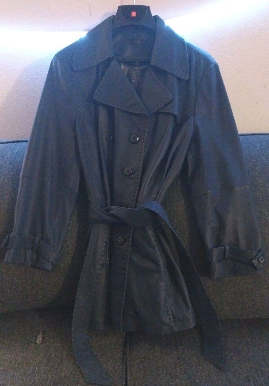 Wilsons Leather Women Blue Belted Genuine Leather Trench Coat Jacket Size XXL